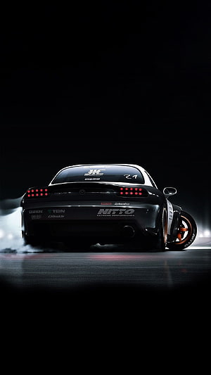 Black Mazda RX-7 Drifting with Smoke and Neon Lights HD phone wallpaper