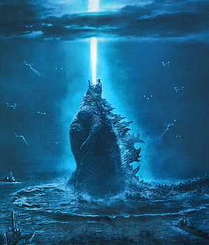 Godzilla Rising From Ocean With Atomic Breath Beam And Military Ships HD phone wallpaper