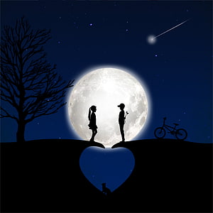 Romantic Silhouette of Boy and Girl Under Giant Full Moon with Heart Shape, Heart, moon, couple, silhouette, art HD phone wallpaper
