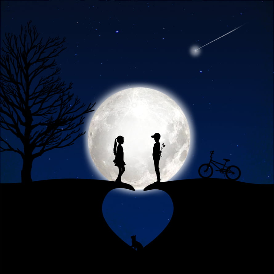 Romantic Silhouette of Boy and Girl Under Giant Full Moon with Heart Shape, Heart, moon, couple, silhouette, art HD phone wallpaper