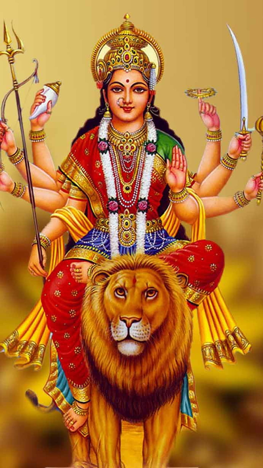 Goddess Durga Riding Lion With Multiple Arms Holding Weapons And Trishul HD phone wallpaper
