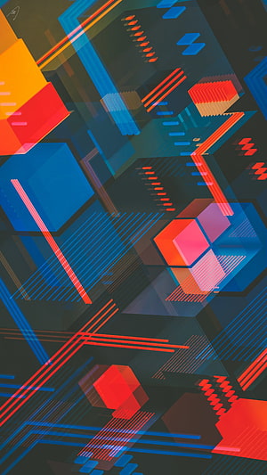 Vibrant Geometric Abstract Art with Isometric Cubes and Neon Lines HD phone wallpaper