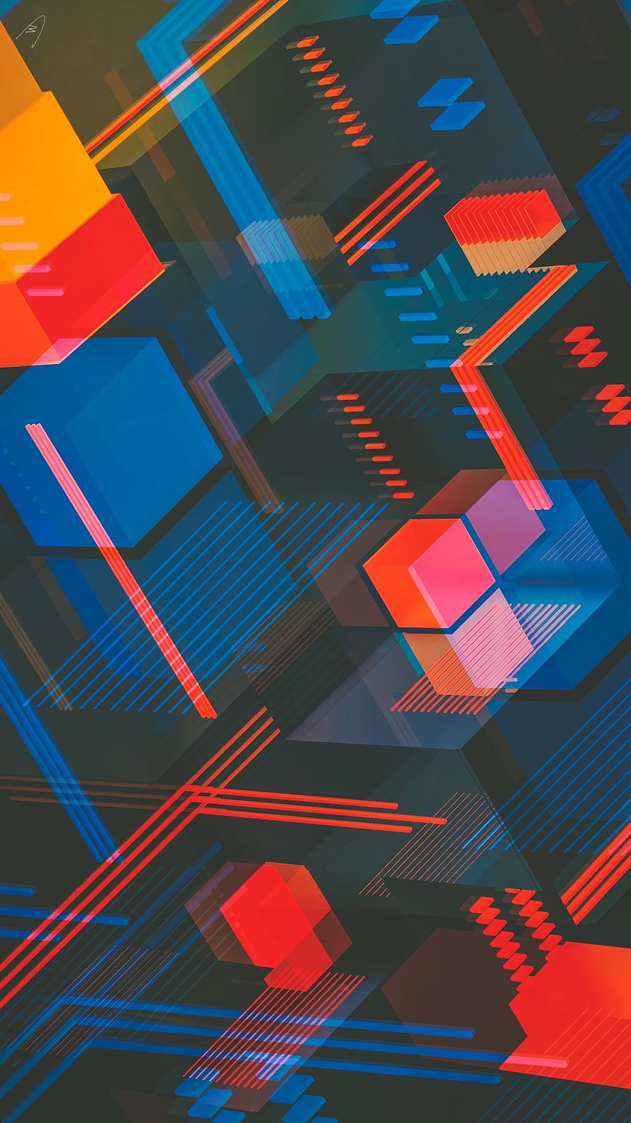 Vibrant Geometric Abstract Art with Isometric Cubes and Neon Lines HD phone wallpaper