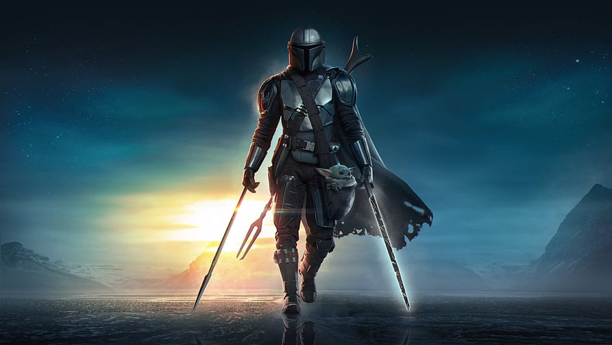The Mandalorian and Grogu Walking Through a Starlit Desert at Sunset HD wallpaper