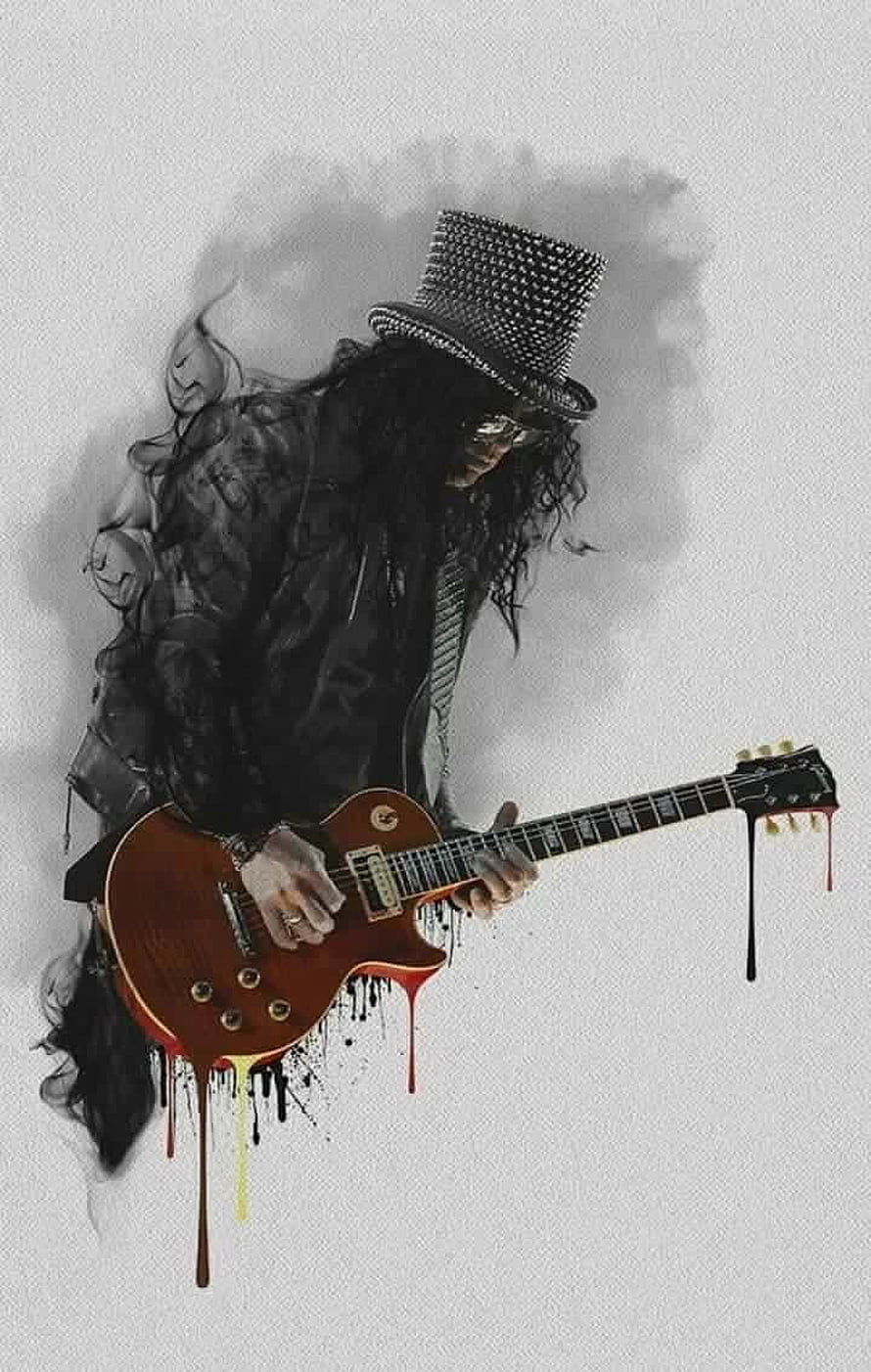 Slash from Guns N' Roses Playing Electric Guitar in a Grunge Art Style HD phone wallpaper