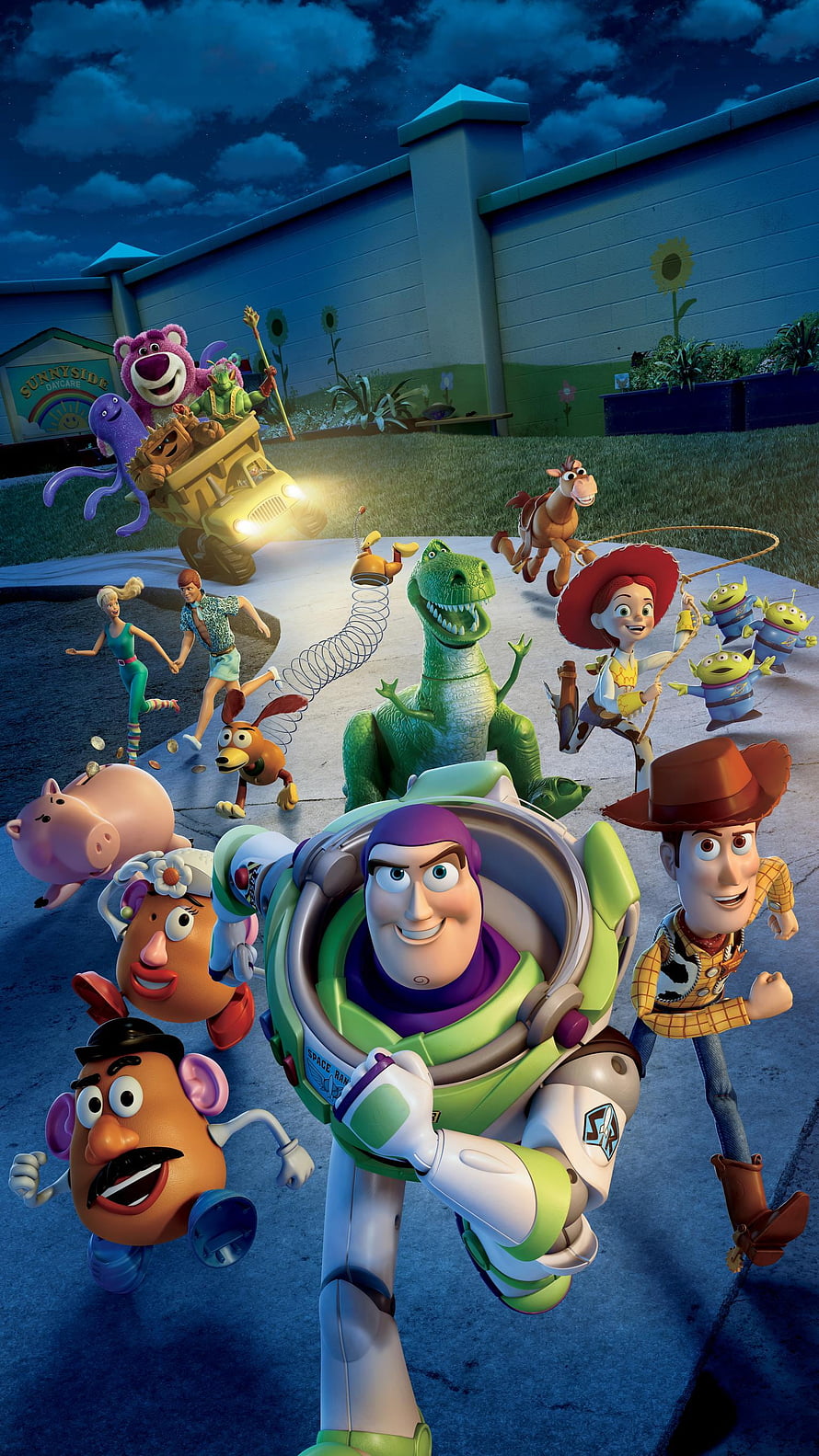 Toy Story 3 Animated Movie Poster Featuring Buzz Lightyear, Woody, and the Full Toy Cast at Night HD phone wallpaper