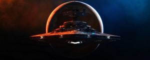 Massive Sci-Fi Spaceship Hovering In Front Of A Glowing Orange Planet In Deep Space HD wallpaper