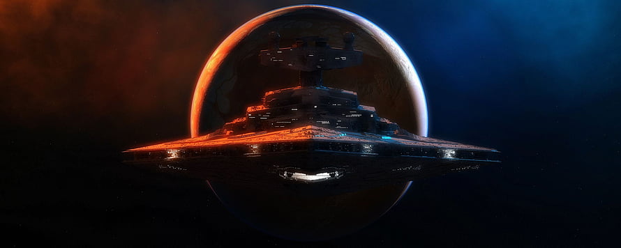 Massive Sci-Fi Spaceship Hovering In Front Of A Glowing Orange Planet In Deep Space HD wallpaper