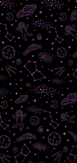 Neon Purple Space Doodle Pattern with Planets, Moons, and Constellations on Black Background HD phone wallpaper
