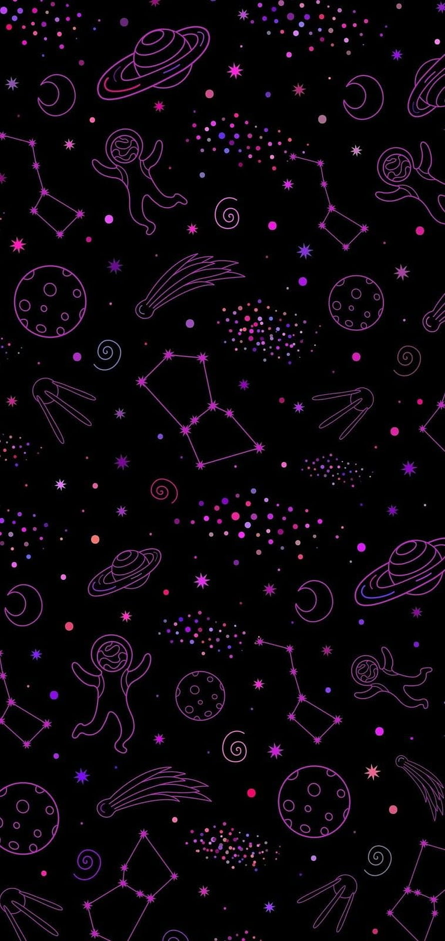 Neon Purple Space Doodle Pattern with Planets, Moons, and Constellations on Black Background HD phone wallpaper