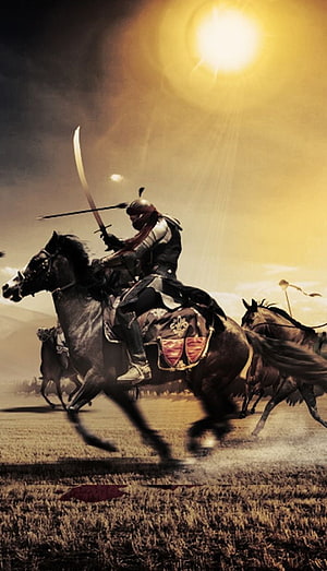 Medieval Knight on Horseback Charging into Battle Under Golden Sun HD phone wallpaper