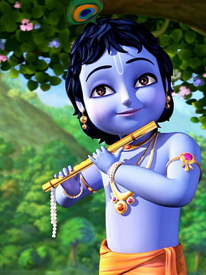 Animated Krishna Playing Flute in Lush Green Forest Setting HD phone wallpaper