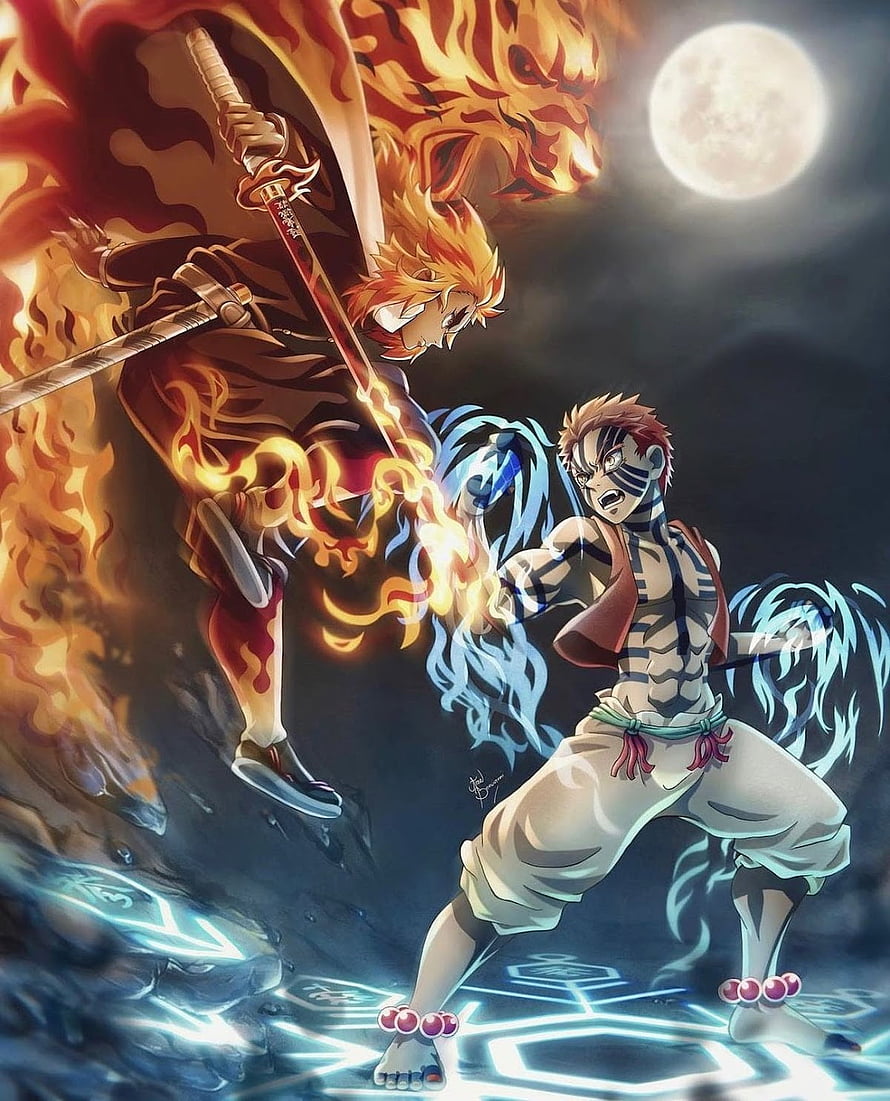 Kyojuro Rengoku and Tanjiro Kamado Battle Demon Slayer Kimetsu no Yaiba Anime Wallpaper HD phone wallpaper