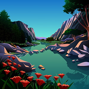 Stylized Digital Illustration of a Serene Mountain River Valley with Red Flowers HD phone wallpaper