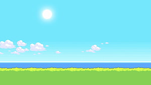 Sunny Pixel Art Landscape With Clouds, Grass, and Ocean Horizon HD wallpaper