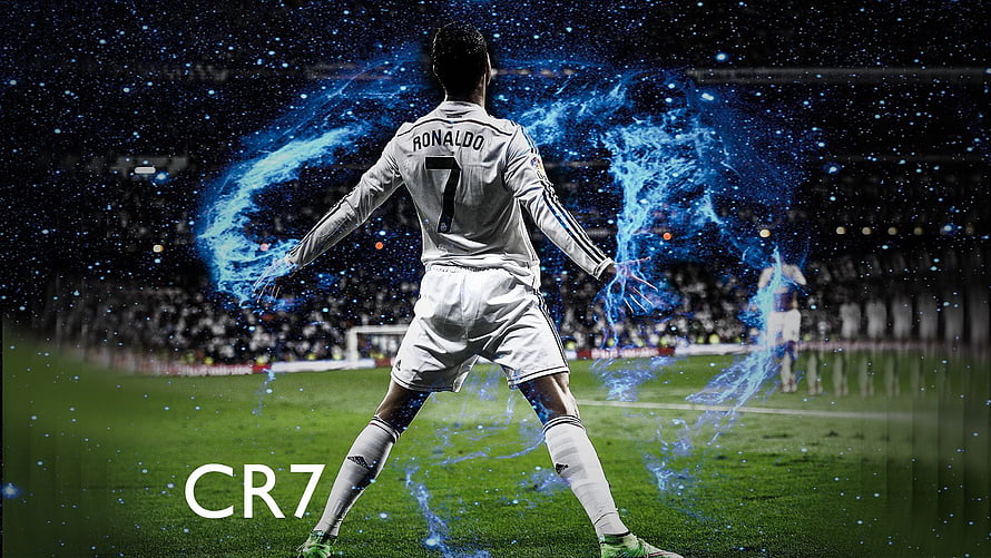 Cristiano Ronaldo CR7 in Real Madrid White Kit with Blue Energy Effects on Football Pitch HD wallpaper
