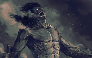 Eren Yeager Titan Form Roaring in Dark Misty Atmosphere HD wallpaper