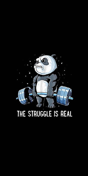 Muscular Panda Lifting Heavy Barbell Cartoon Illustration on Black Background HD phone wallpaper