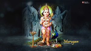 Baby Murugan with Vel and Peacock in Temple Setting with Ganesha Statue HD wallpaper