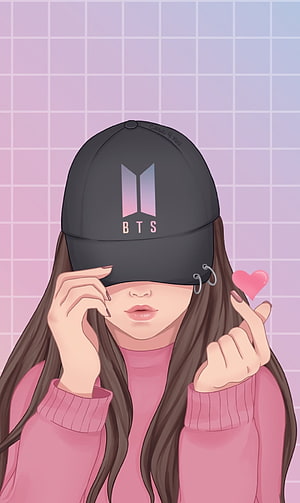 Anime Girl Wearing BTS Cap Making Finger Heart Gesture in Pink Sweater HD phone wallpaper
