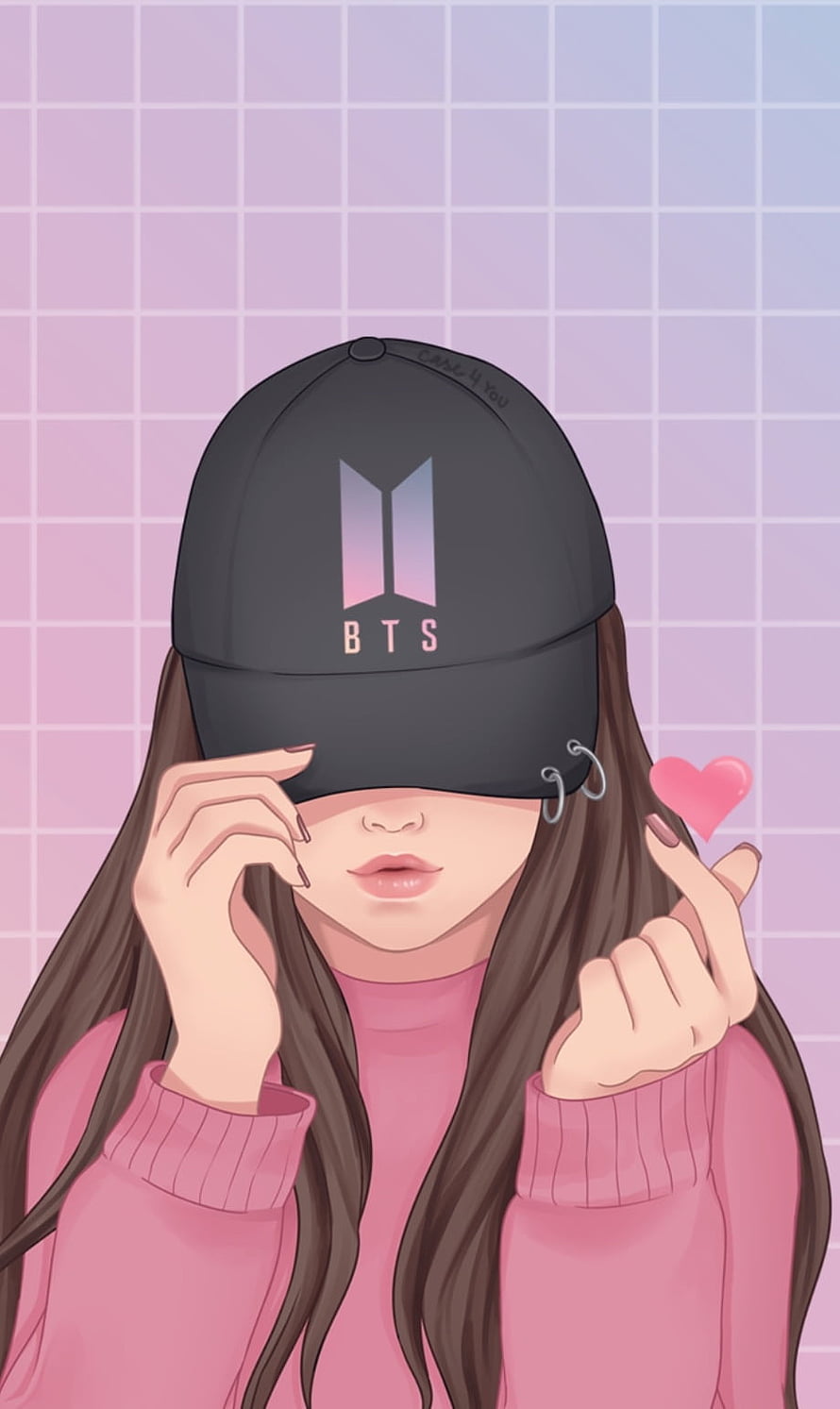 Anime Girl Wearing BTS Cap Making Finger Heart Gesture in Pink Sweater HD phone wallpaper