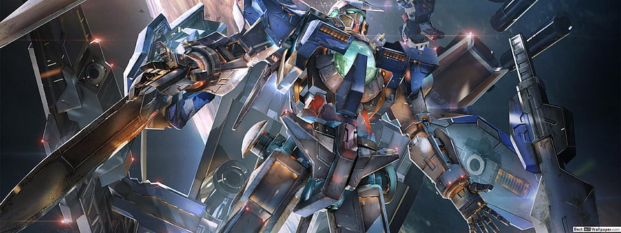 Gundam VS Series Mecha Battle Scene with Blue and Silver Armor HD wallpaper