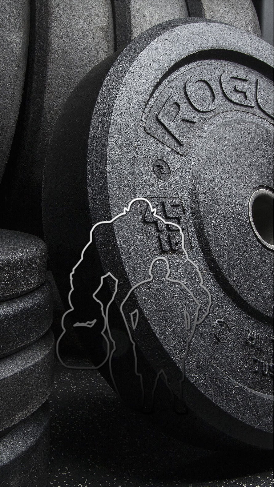 Rogue 45lb Bumper Plate Close-Up with Gym Silhouette Overlay HD phone wallpaper