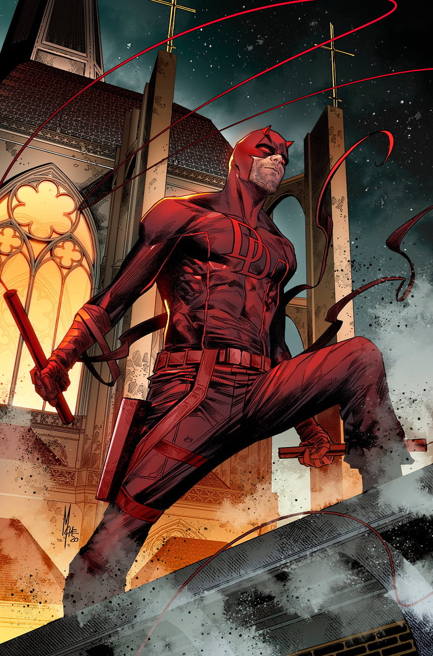 Daredevil standing on church roof with billy clubs at night HD phone wallpaper