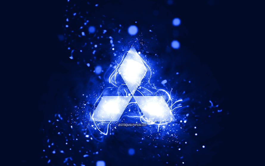 Mitsubishi Logo Glowing in Electric Blue with Neon Light Effects and Particle Sparks HD wallpaper