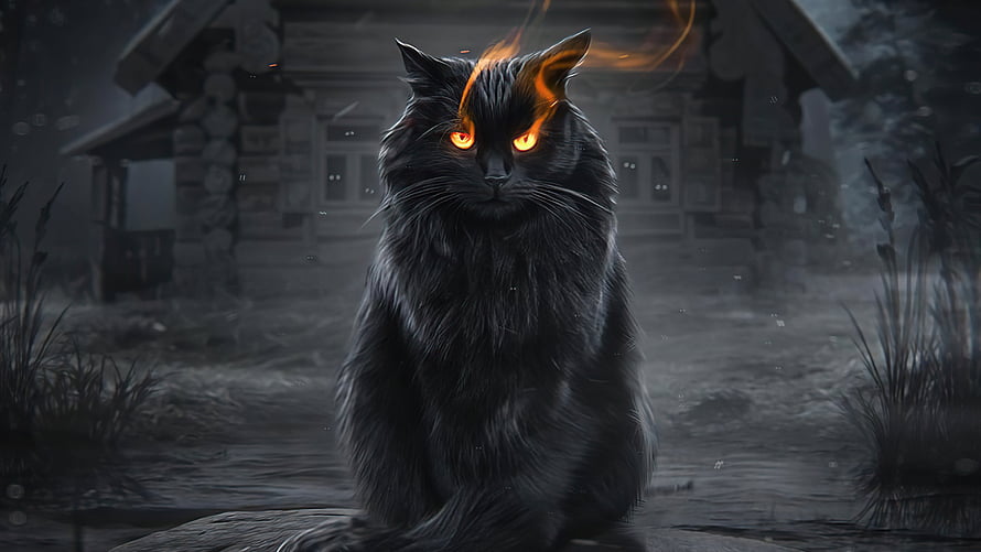 Mystical Black Cat With Glowing Orange Eyes And Fire On Head In Dark Forest HD wallpaper