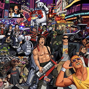 Retro 80s Pop Culture Mashup Illustration Featuring Iconic Movie Characters and Neon Cityscape HD phone wallpaper