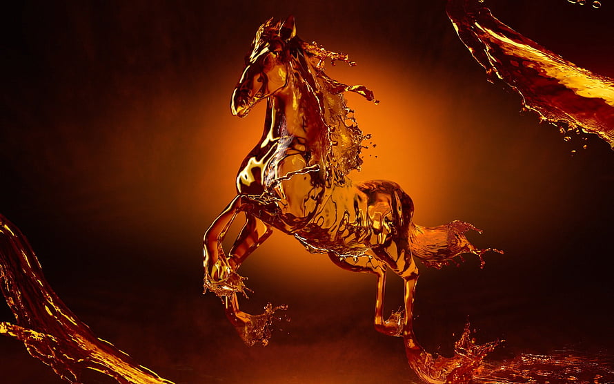 Sculpted Liquid Horse Reared in Golden Amber Splash Against Dark Background HD wallpaper