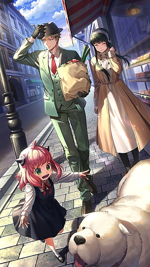 Spy x Family Characters Walking Through a European Street with a Large White Dog HD phone wallpaper