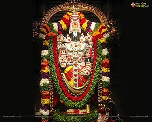 Lord Tirupati Balaji adorned in vibrant flower garlands and ornate temple jewelry HD wallpaper