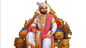 Portrait of Chhatrapati Shivaji Maharaj Sitting on an Ornate Golden Throne HD wallpaper