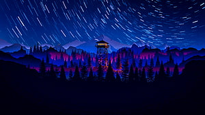 Firewatch Watchtower Under Star Trails Night Sky Mountain Forest Landscape HD wallpaper