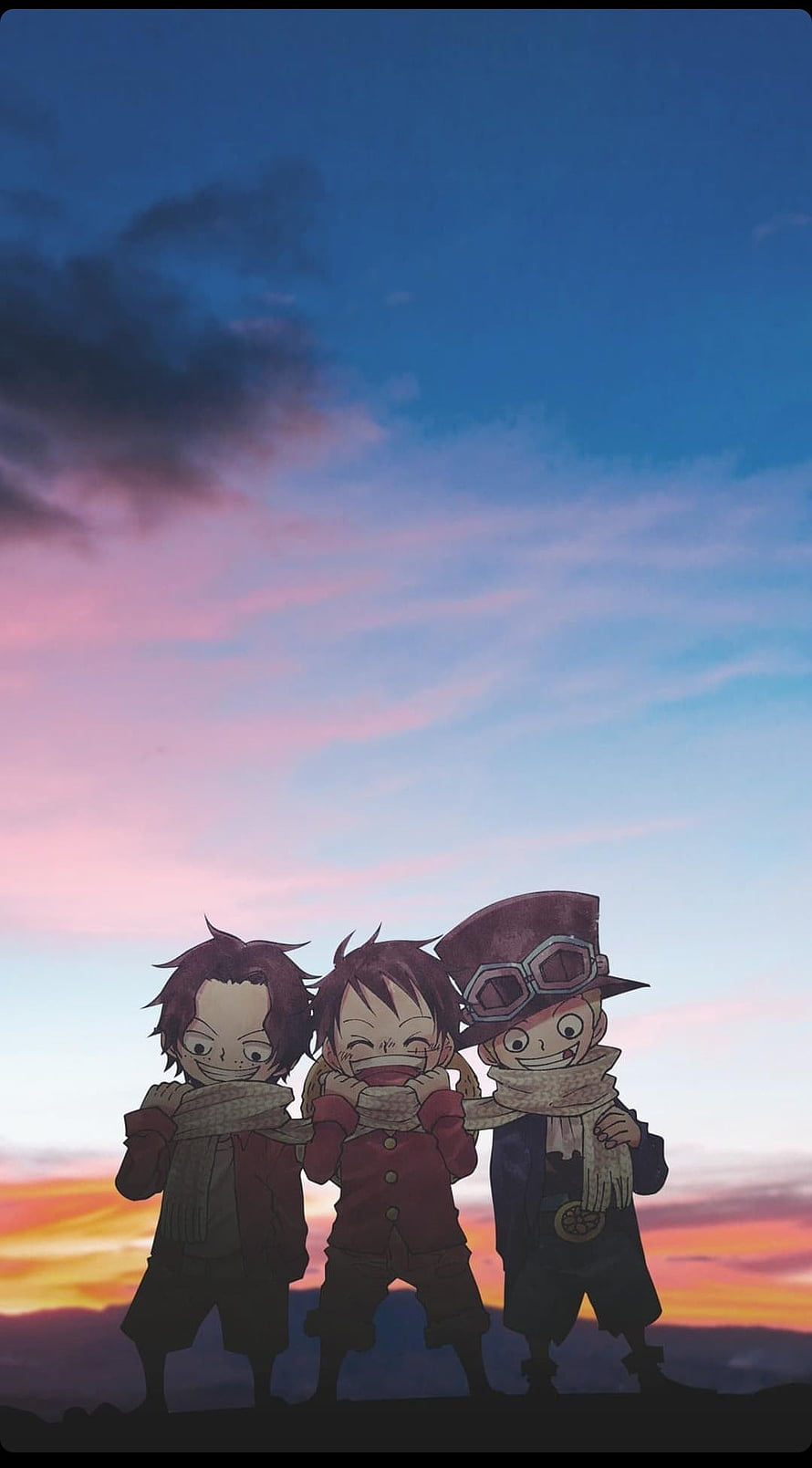 One Piece Luffy Sabo and Ace Childhood Friends Sunset Anime Wallpaper HD phone wallpaper