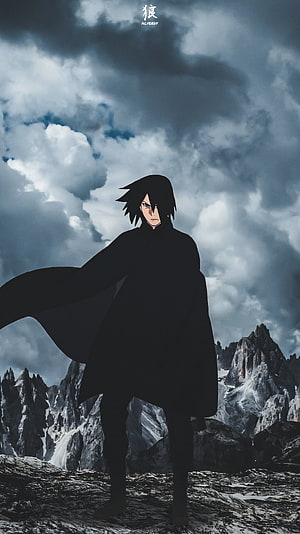 Sasuke Uchiha Standing on Rocky Mountain Peak Under Dramatic Stormy Sky HD phone wallpaper