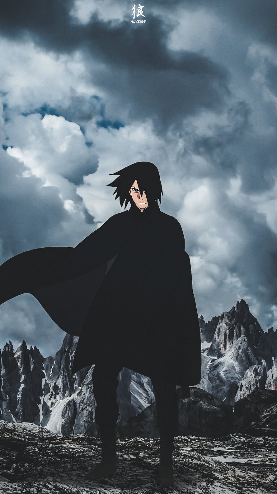 Sasuke Uchiha Standing on Rocky Mountain Peak Under Dramatic Stormy Sky HD phone wallpaper