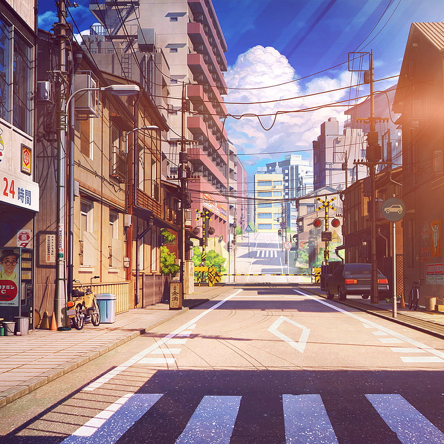Sunlit Japanese Street Scene in Studio Ghibli Anime Style with Railway Crossing HD phone wallpaper