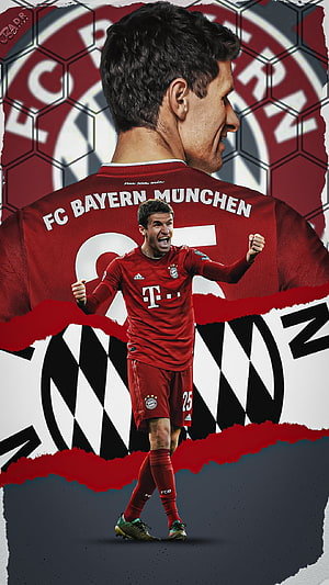 Thomas Muller FC Bayern Munich Red Home Kit Celebration Wallpaper HD phone wallpaper