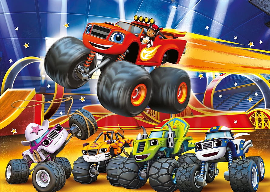 Blaze and the Monster Machines Animated Monster Trucks Racing in Arena HD wallpaper
