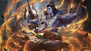 Lord Shiva from Smite in a fiery battle stance wielding a trident HD wallpaper