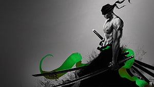Muscular Samurai Warrior With Multiple Swords And Green Scarf Art HD wallpaper