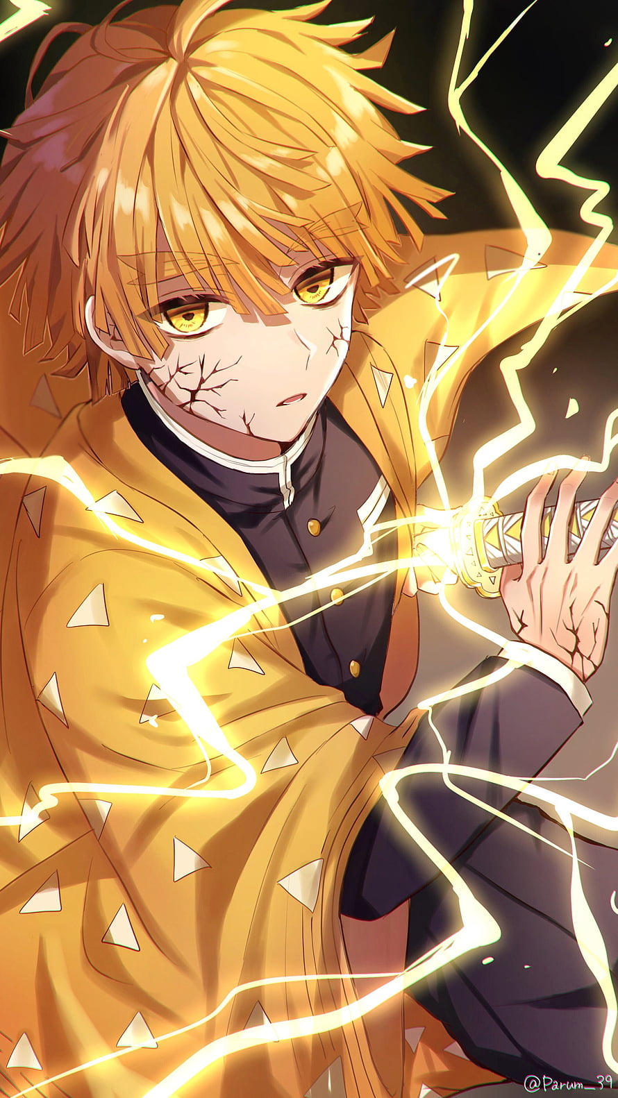 Zenitsu Agatsuma from Demon Slayer channeling lightning with glowing yellow eyes and cracked skin HD phone wallpaper