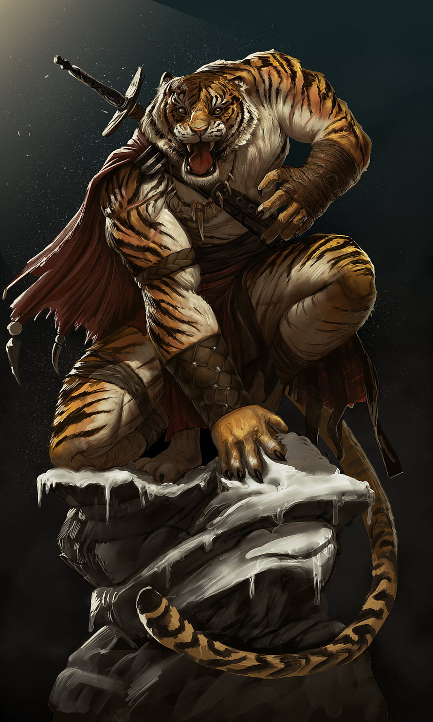 Fierce Anthropomorphic Tiger Warrior Crouching on Snowy Rock with Sword HD phone wallpaper