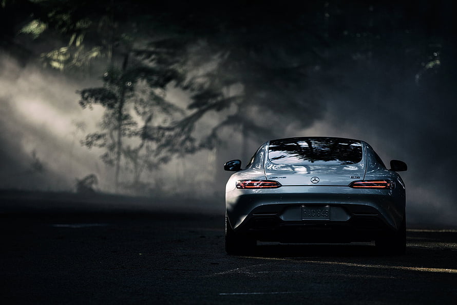 Mercedes-AMG GT 63 S E Performance in a dark foggy forest, Mercedes-Benz, Cars, Back View, Rear View, Amg, 2016, Gt S HD wallpaper