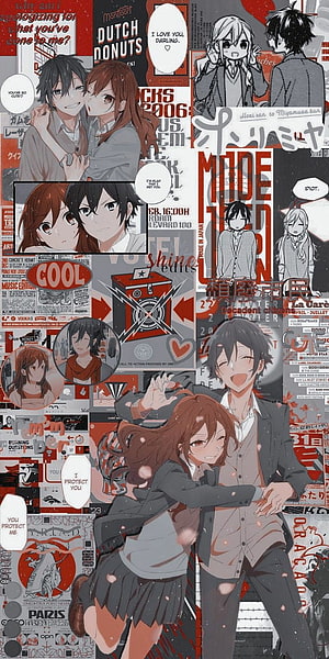 Horimiya Anime Couple Collage Wallpaper with Red and Black Aesthetic HD phone wallpaper