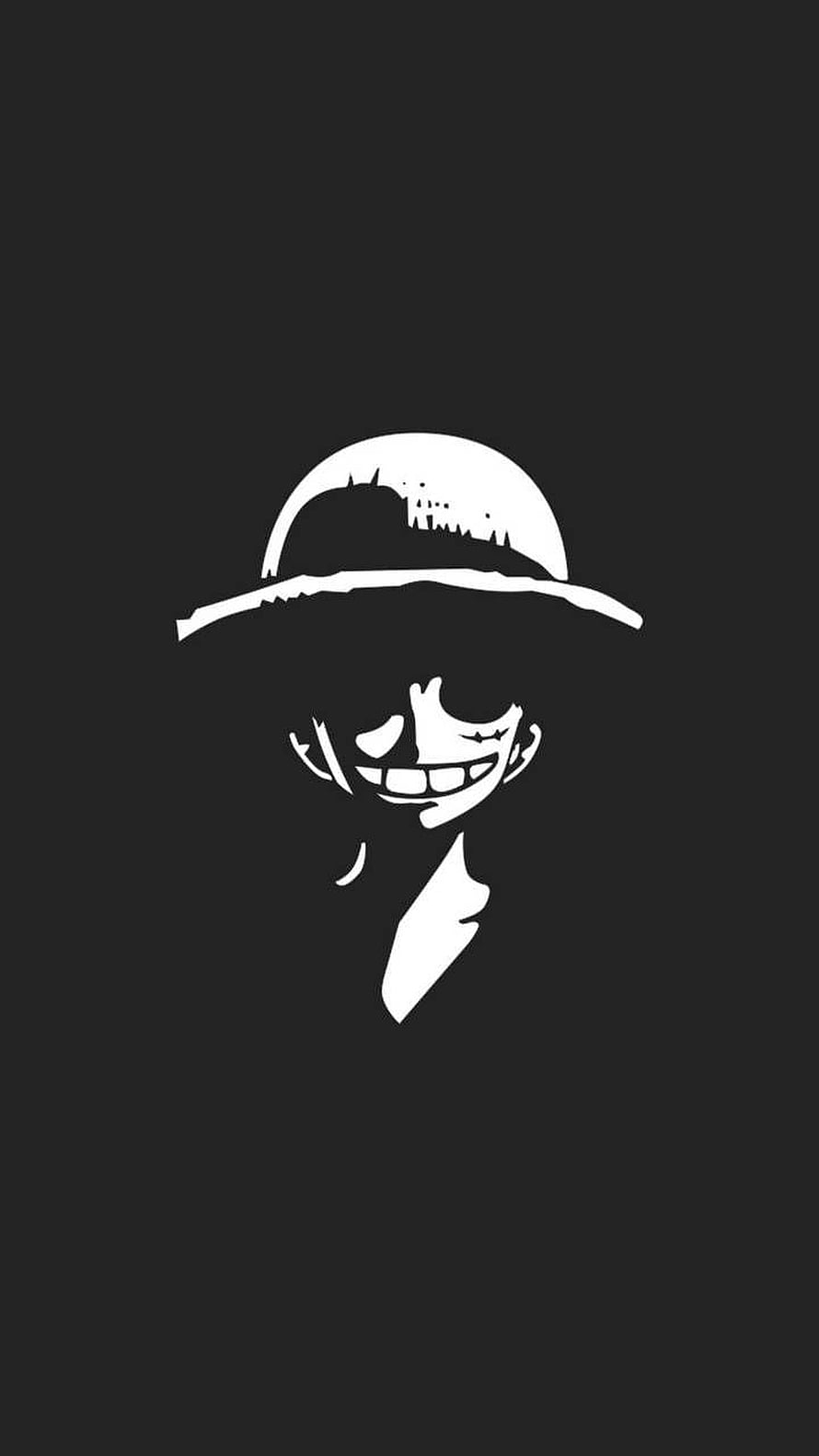 Minimalist White Silhouette of Monkey D. Luffy Wearing Straw Hat on Dark Background HD phone wallpaper
