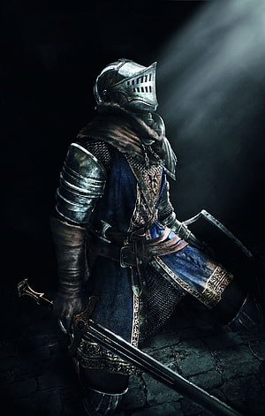 Dark Souls Knight in Blue Armor Kneeling with Sword in Dim Light HD phone wallpaper